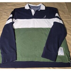 Nautica Colorblock Rugby Shirt  Navy/White/Green  Embroidered Logo  Men’s Medium
